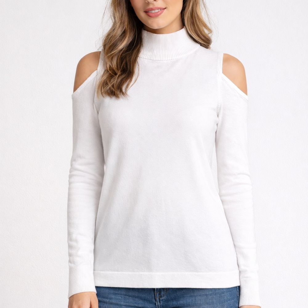 Donna Karan White Cold Shoulder Long Sleeve Top